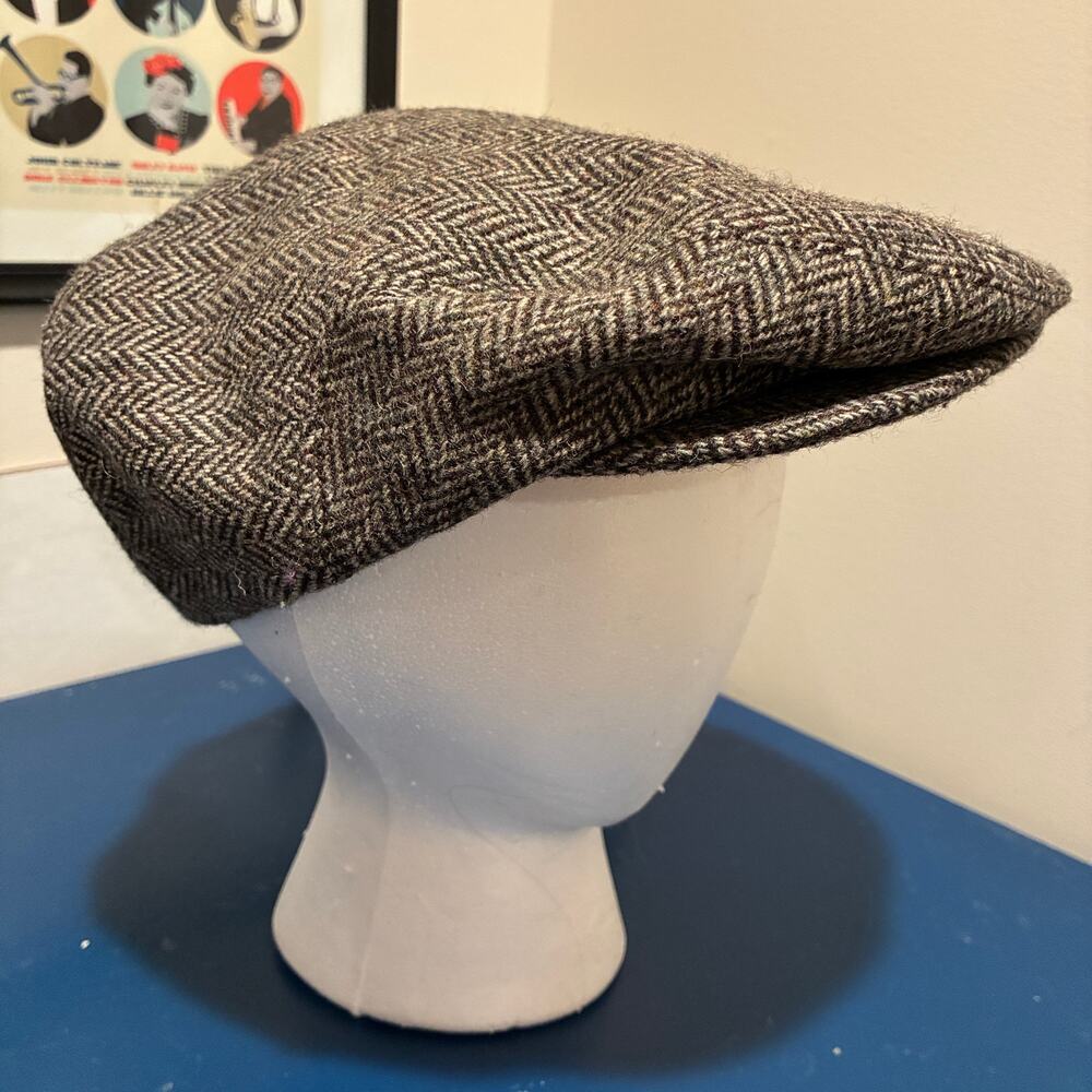 VTG Weatherproof Brown Wool Herringbone Tweed Newsboy Flat Cap Size M Ivy Cabbie
